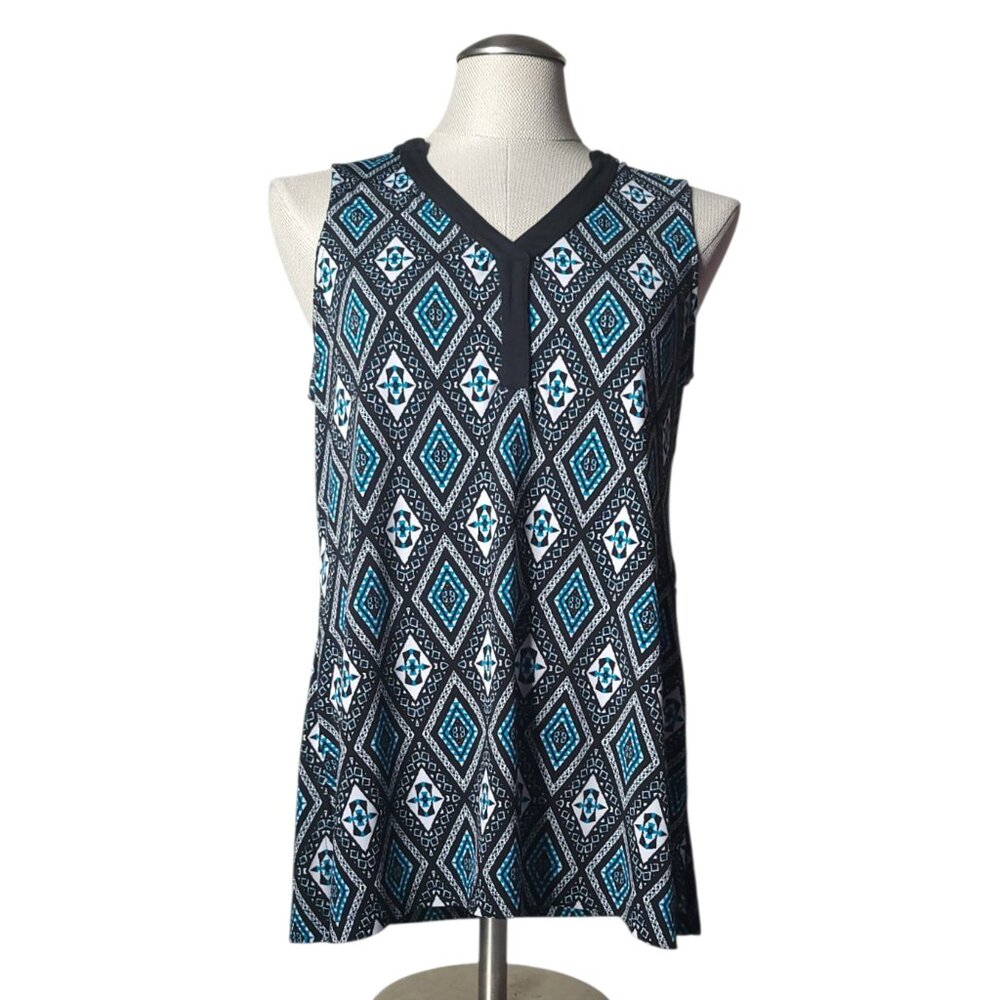 AB Studio XL Geometric Tunic Blouse Boho Blue Black Sleeveless V Neck